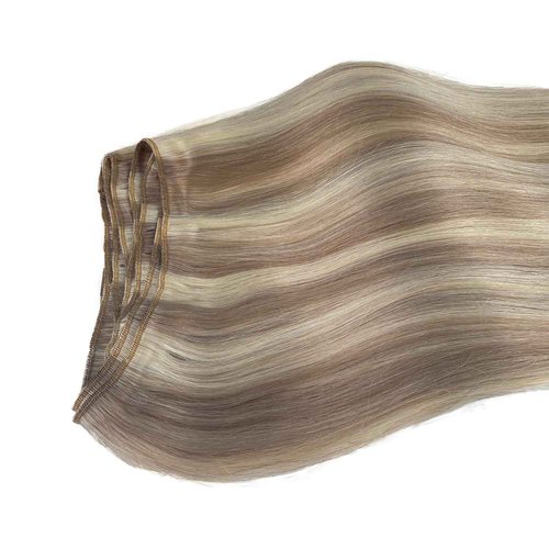 Sew in Hair Extensions Real Human Hair, Ombre Brown to Platinum Blonde Highlighted Weft Hair Extensions Human Hair 80G Double Weft Hand Tied Human Hair Extensions Sew in Bundles 16 Inch