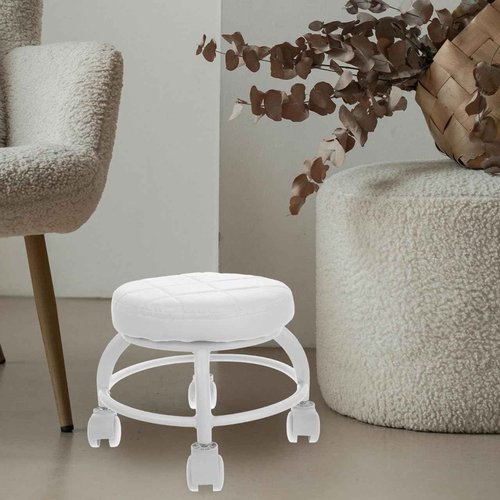 Healeved White Rolling Beauty Stool Pu Cushioned Low Round Stool with Wheels for Manicure Pedicure Salon Spa Massage Chair