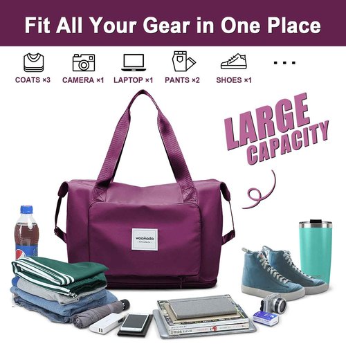 WOOMADA Foldable Travel Duffel Bag, Weekender Bags for Women, Tote Bag with Expandable Space, Carry on bags for airplanes with Wet Pocket & Trolley Sleeve, Gym Bag for Women, Lightweight (purple)