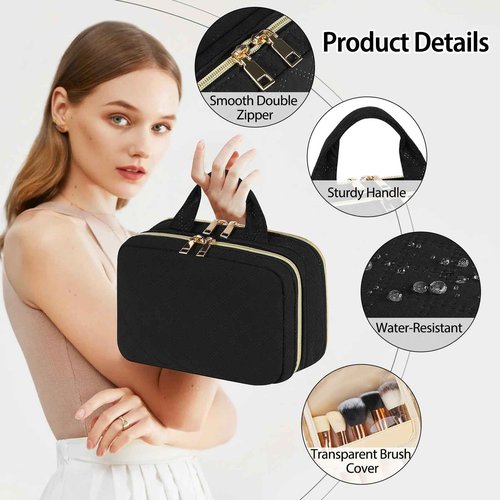 RAINSMORE Travel Makeup Bag Large Capacity Cosmetic Bag Waterproof Makeup Organizer Bag Wide Open Makeup Pouch with Handle Toiletry Bag Make Up Bag for Women Girl Black