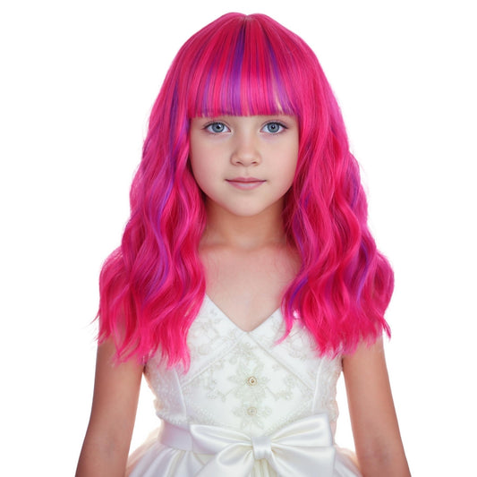 Edivd Kids Hot Pink Mixed Purple Wig Child Short Pink Purple Wig with Air Bangs Purple Pink Wavy Curly Wig for Girls Heat Resistant Synthetic Wig with Wig Cap