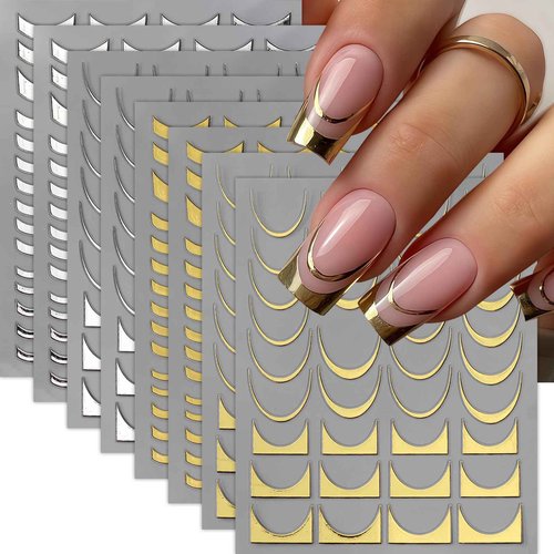 8 Sheets French Stripe Line Nail Stickers 3D Self-Adhesive Metal Strip French Nail Decals Gold Silver Geometric Waved Nails Design French Line Nail Supplies for Women DIY Nail Decoration Kits