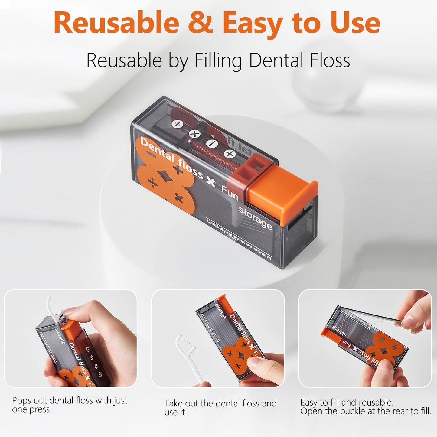 Dental Floss Dispenser, More Portable, 65 Pcs Tooth Dental Floss Picks, Floss Sticks Floss Pick Holder Included 10 Pcs Dental Flossers for Adults with Orange and 55 Pcs Extra Dental Floss