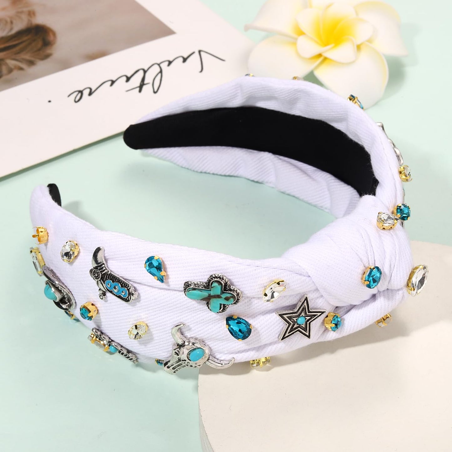 mokkia Western Headbands for Women Jeweled Rhinestone Crystal Knotted Headbands Wide Cowgirl Cowboy Boots Hats Hairbands Cowgirl Hair Accessories Spring Summer Headwear (White 4)