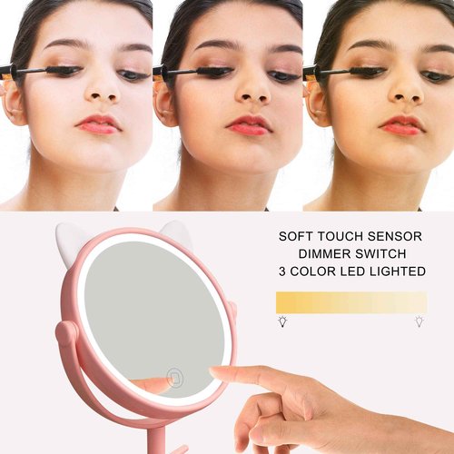 Nonebranded Vanity Mirror with Lights & Desk Mirror Lights Touch-Screen Light Control Portable High Definition Cosmetic Lighted Up Mirror with USB Port in 360 Degree Rotation(Pink)