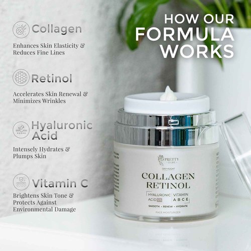 Pretty 4 Life Advanced Anti-Aging Cream - Collagen, Retinol, Hyaluronic Acid & Vitamin C - Moisturizer for Face, Neck & Décolleté - Firms, Hydrates & Reduces Wrinkles - Day/Night Formula - 1.7 oz