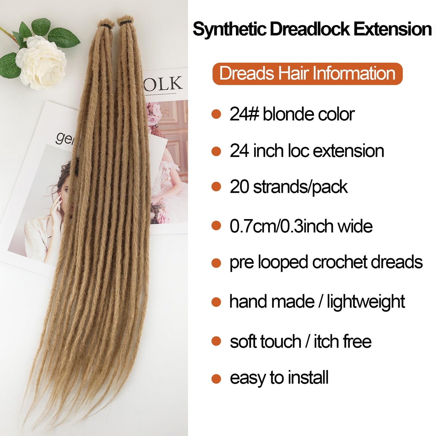 Synthetic Dreadlock Extensions 24# Blonde Human-Like Dreads Hair Extensions 20 Strands 24 Inch Crochet Loc Extensions 0.7 cm Wide Reggae Style Prelooped Crochet Braids For White Women