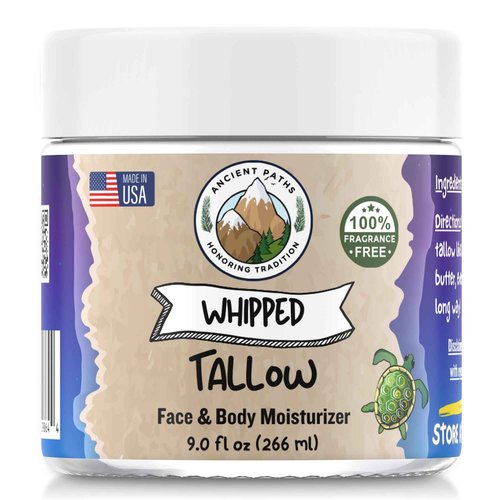 Ancient Paths Whipped Tallow (9oz) - Grass-Fed, 100% Natural Beef Tallow Moisturizer - Large Size Face & Body Moisturizer for Women, Men & Kids - Fragrance & Preservative-Free - Small Batch USA Made
