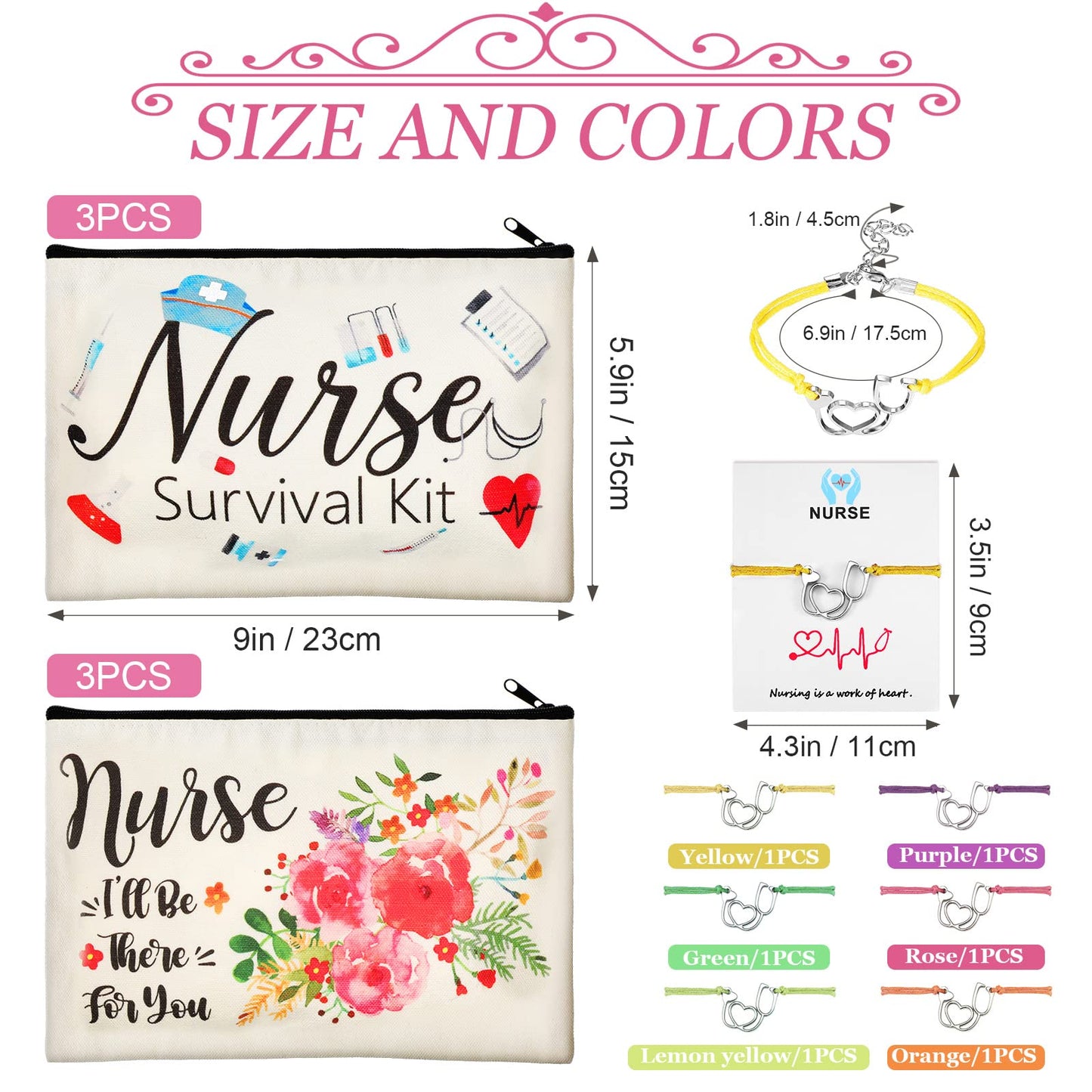 12 Pcs Nurse Appreciation Gift Kit Include 6 Pcs Nurse Canvas Makeup Bag Nurse Canvas Cosmetic Pouch and 6 Pcs Nurse Blessing Card Bracelet Nurse Charms Bracelet for Nurse Student (9.1 x 5.9 Inch)