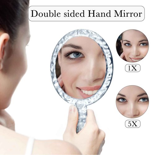 YEAKE Hand Mirror,Double-Sided Handheld 1X/5X Magnifying Mirror with Handle, Handle Makeup Mirror,Acrylic, 6.1" W x 10" L, Rounded Shape, Clear 2 PCS