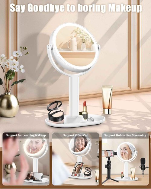 15X Magnifying Makeup Mirror with Lights, Double Sided 360° Rotation Vanity Desk Mirror with Magnification Rechargeable 3 Color Lights and Adjustable Brightness Stand for Dressing Table,Bedroom