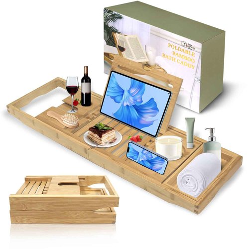 my novel things Bathtub Tray, Foldable Bath Tray for tub, Bamboo Bathtub Trays for tub, Luxurious Bath Accessories with Wine, Book & Tablet Holder - Expandable Size Fits Most Tubs - Wedding Gifts