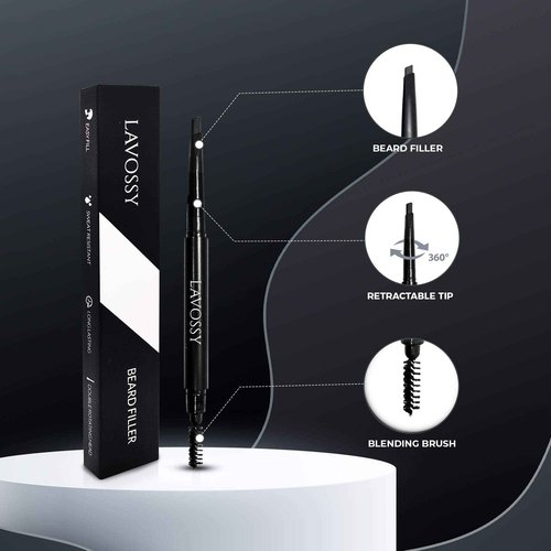 LAVOSSY Beard Pencil Filler for Men - Black, Pack of 3 - Long Lasting and Easy to Use with Blending Brush, Water/Sweat Proof, Fills Patchy Beard, Moneyback Promise