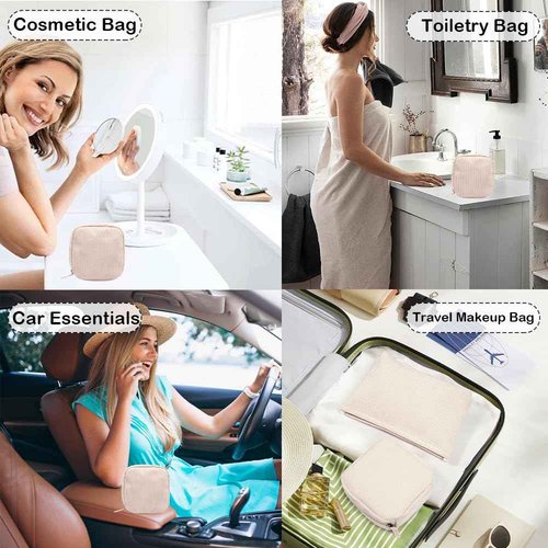 2Pcs Makeup Bag for Women, Large Corduroy Cosmetic Bag Capacity Travel Toiletry Bag Mini Makeup Pouch for Purse Small Makeup Organizer Bag Cute Makeup Brushes Storage Bag (Mini Beige)