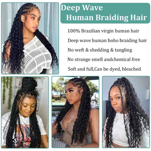 Human Boho Braiding Hair 100% Human Hair Deep Wave 20 Inch Knotless Braids Hair Unprocessed Virgin Brazilian Hair Extensions Bulk 2Bundles /Pack Wet & Wavy No Weft Natural Color 12A