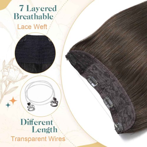 Sindra Wire Hair Extensions Medium Brown Fishing Line Human Hair Extensions With Invisible Clips Brown 14 Inch 70g