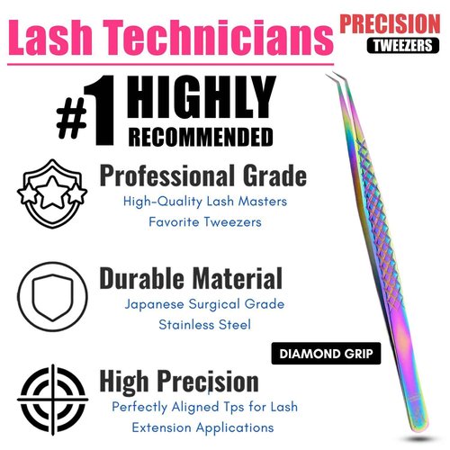 My Lash Tools Eyelash Extension Curved Degree Tweezers for Isolation Lash Extensions 14cm, Best for Individual Isolation & Classic Lashes Japanese Stainless Steel Eyelash Twisers (Rainbow)