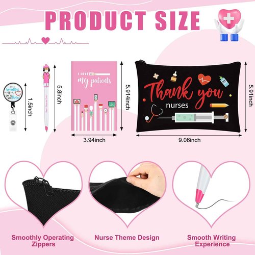 Yeaqee 48 Pcs Nurse Christmas Appreciation Gifts Set Bulk Include Makeup Cosmetic Bag Pocket Journal Notebooks Ballpoint Pen Badge Reel for Christmas Women Rn Assistant Student(Black,Nursing)