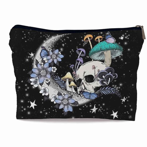 Ayxvt Gothic Hippie Skull Moon Mushroom Botanical Leaf Starry Night Corduroy Cosmetic Bag Decorative Women's Makeup Bag Zipper Pouch Travel Toiletry,Gifts for Skull Lovers Women Girls（Corduroy）
