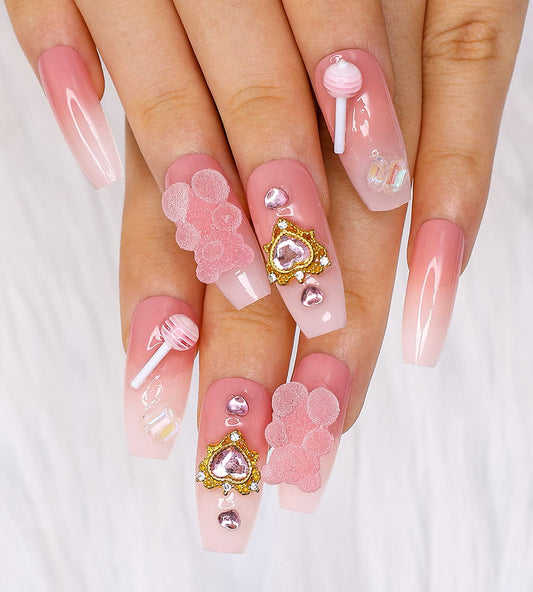 Artquee 24pcs French Pink Ombre Long Ballerina Press on Nails Glossy Coffin Fake Nail Y2K Art Candy Bear Heart Rhinestones Designs Artificial False Nail Acrylic Stick on Nails Tips for Women