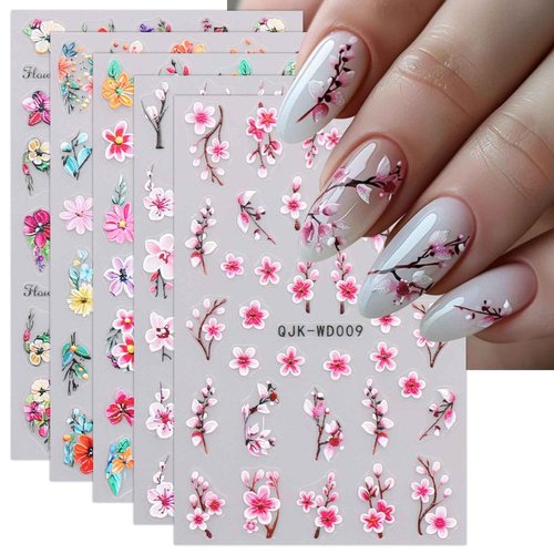 JMEOWIO 6 Sheets Flower Nail Art Stickers Decals Self-Adhesive Spring Summer Floral Nail Supplies Nail Art Design Decoration Accessories