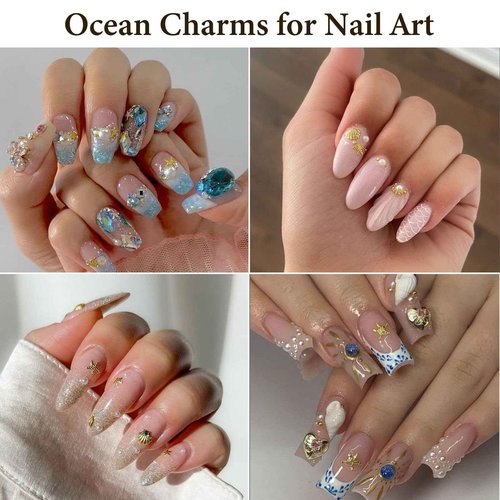 SUTOKAKA 3D Metal Studs Nail Art Charms Mixed Style Gold Shell Seahorse Starfish Pearl Metallic Nail Rivets Beads with Tweezer for Summer Ocean Beach Seaside DIY Manicure Decorations