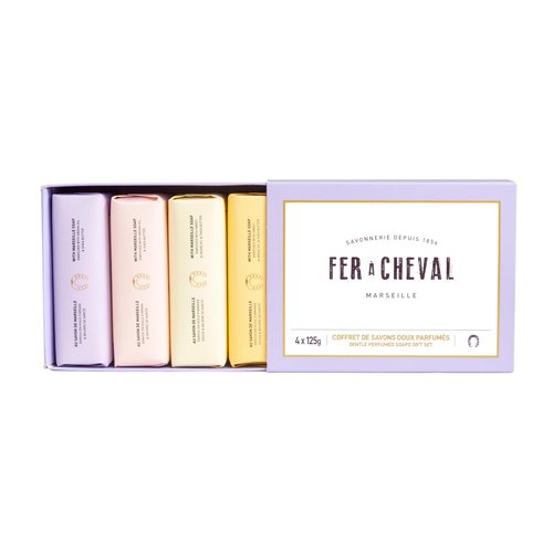Fer à Cheval Gentle Perfumed Soaps Gift Set, 4x125g/4.41oz - Marseille Vegetable Soap with Shea Butter and Softening Oils
