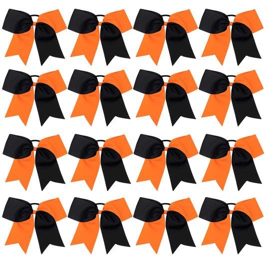 16PCS 8" Large Cheer Hair Bows Ponytail Holder Elastic Band Handmade for Cheerleading Teen Girls College Sports (Black/Orange, 16 Count (Pack of 1))