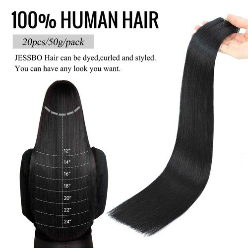 JESSBO Tape in Hair Extensions Human Hair Straight Natural Black 100% Remy Human Hair 18 inch 20pcs 50g/pack Seamless Skin Weft Tape in Extensions for Women (18 Inch #1B Natural Black)