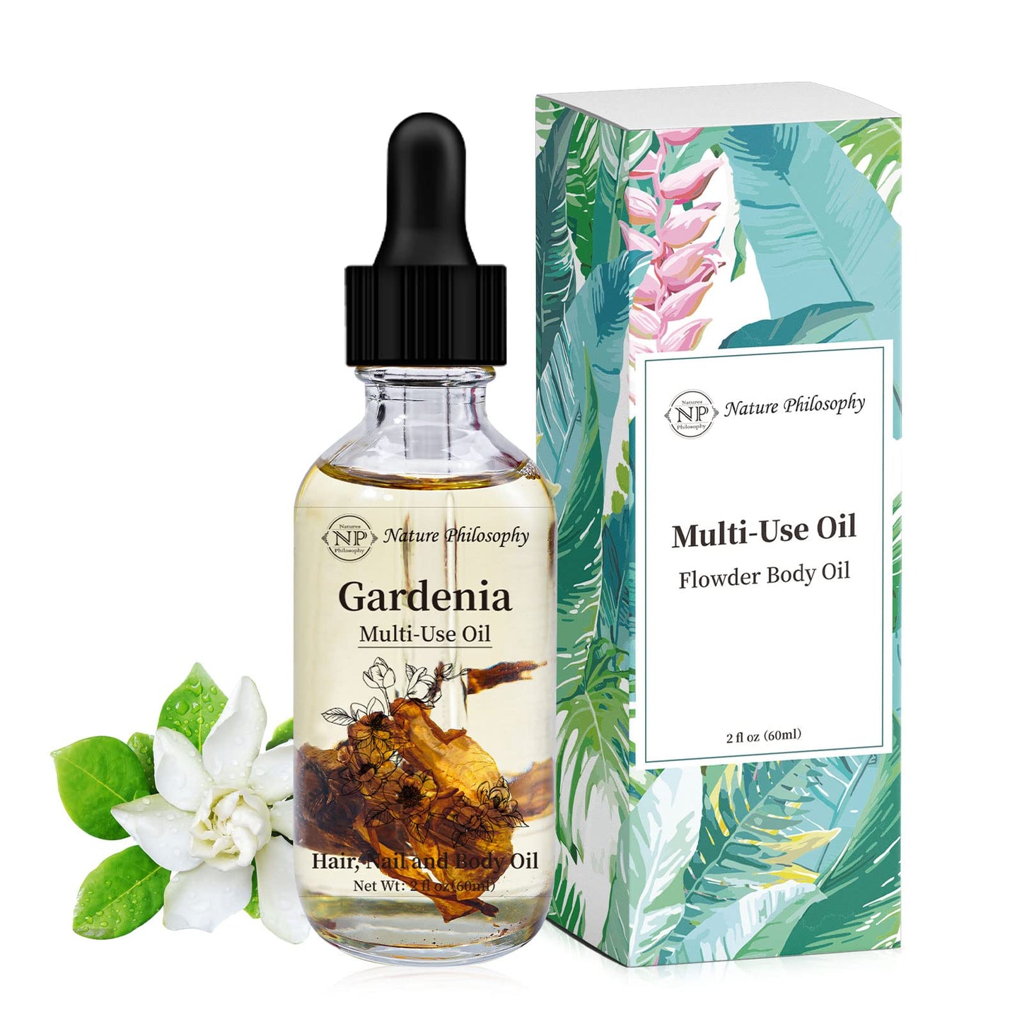 NP NATURES PHILOSOPHY Gardenia Multi-Use Oil for Face, Body and Hair - Organic Plant Fragrant Essential Oil for Dry Skin, Scalp and Nails - 2 Fl Oz