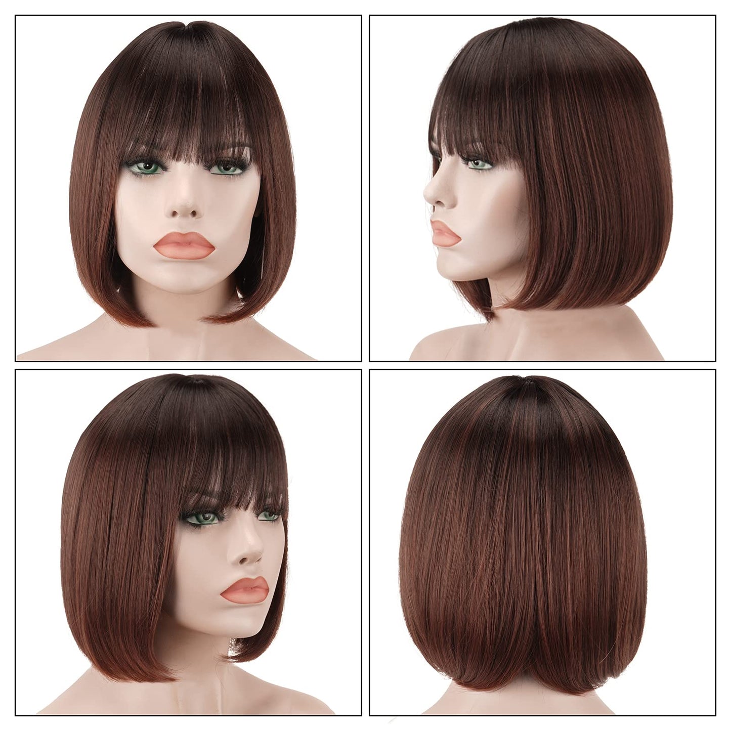 SOFEIYAN Short Straight Bob Wigs with Bangs 11 inch Synthetic Daily Party Cosplay Hair Wig for Black Women, Ombre Auburn