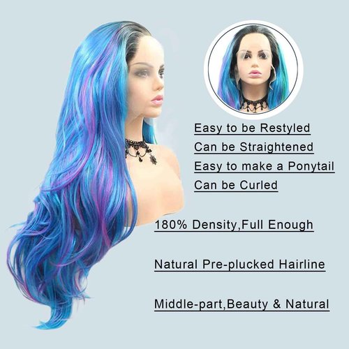 AFBeauty Lace Front Wig Highlight Blue Purple Colorful Wavy Ombre Wigs for Women Lace Frontal Pink Green Wig Synthetic Heat Resistant Natural Loose Wave Glueless Lace Wigs 24 Inch Daily Party Cosplay