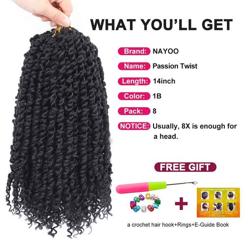 Passion Twist Hair - 8X 14 Inch Passion Twist Crochet Hair For Women, Crochet Pretwisted Curly Hair Passion Twists Synthetic Braiding Hair Extensions (14 Inch, 1B)