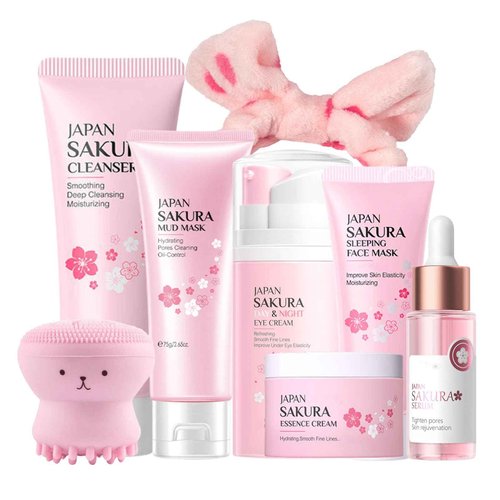 Evolvique Japan Sakura Skincare Set Women Gifts - 8 Pcs Teenage Skin Care Set - Skin Care for Teens 10-12 - Skincare for Girls 10-12 - Teen Skin Care Kit with Face Mask,Cleanser,Cream,Headband