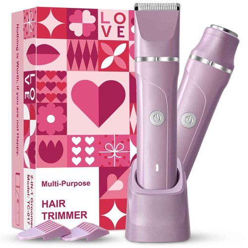 Electric Razors for Women 2 in 1 Bikini Trimmer for Women Cordless Dry/Wet Use Electric Shaver for Pubic Hair, Armpit, Facail Hair Removal, Waterproof Pearl Purple
