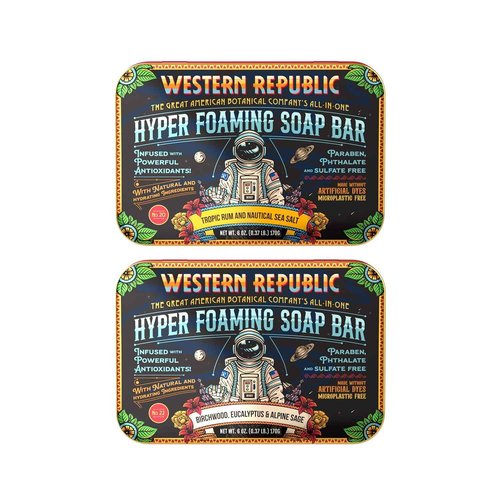 Western Republic Hyper Foaming Soap Bar | Birchwood, Eucalyptus & Alpine Sage and Tropic Rum & Nautical Sea Salt | Hydrating & Anti-Aging Ingredients | (2 Pack) | Made in USA