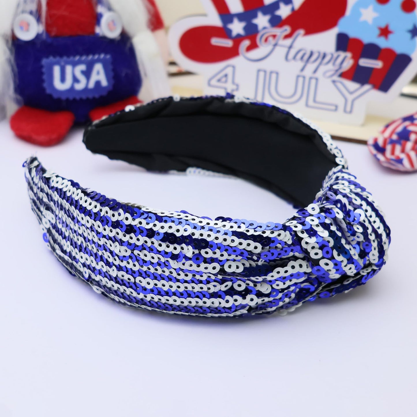 VHWMHEAD 4th of July Headbands - 4th of July Sequin Knotted Headbands for Women Girls Blue White Hairband Sparkly Wide Hair Bands Glitter Headband Patriotic Hair Accessories