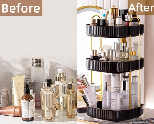 360° Rotating Makeup Organizer, Spinning Bathroom Organizer Countertop, Large Capacity Cosmetics Skincare Organizer for Bathroom Vanity Dresser Table (Black, 3 Tiers)
