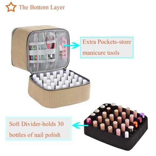 Corduroy Nail Polish Organizer and Nail Lamp Case, Nail Kit Organizer Holds 30 Bottles (15ml - 0.5 fl.oz) and a Nail Lamp, Nail Polish Carrying Case with Manicure Tools Storage Sections (Brown)