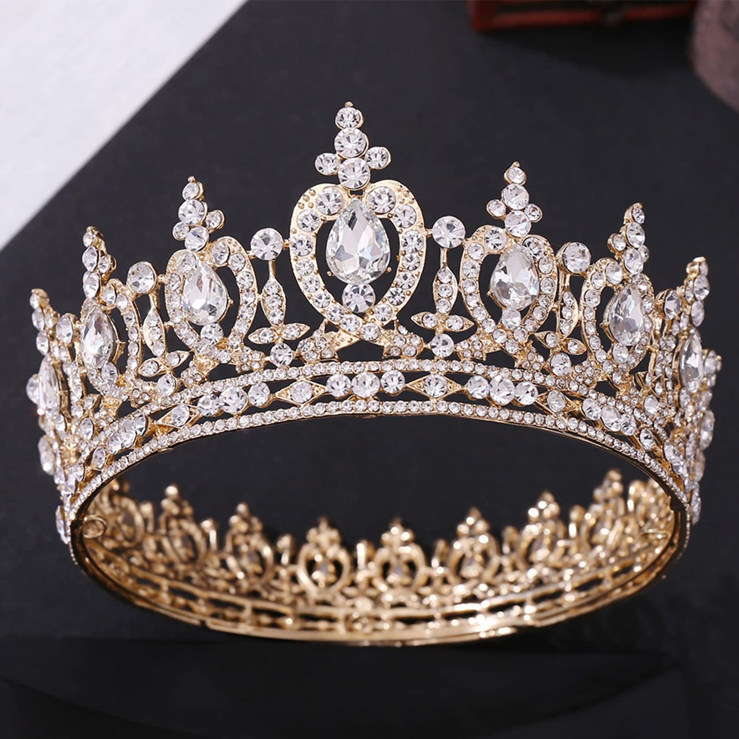 SH Crystal Queen Crown for Women Rhinestone Wedding Crown Princess Birthday Tiara Full Round Hair Accessories for Pageants Halloween Prom Gold