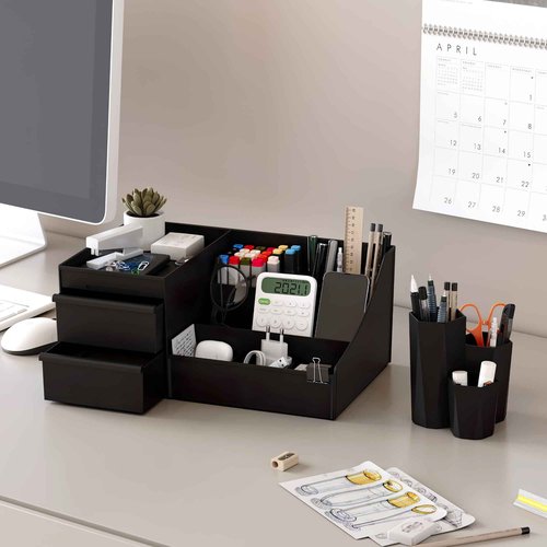 Lumijoy 2 Pcs White Makeup Organizer and Brush Holder Set with 3 Drawers, Perfect for Cosmetics, Skincare, Beauty Tools on Vanity for Bedroom, Bathroom, Kitchen, Black