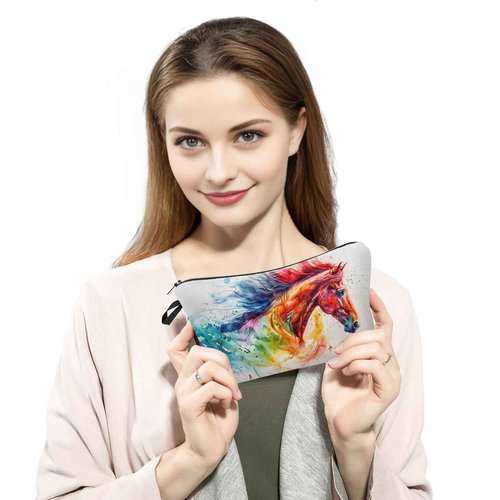 MoCaliduccious Watercolor Horse Print Women's Makeup Bag Daily Commute Cosmetics Storage Pouch Beach Travel Fashion Toothbrush Bag