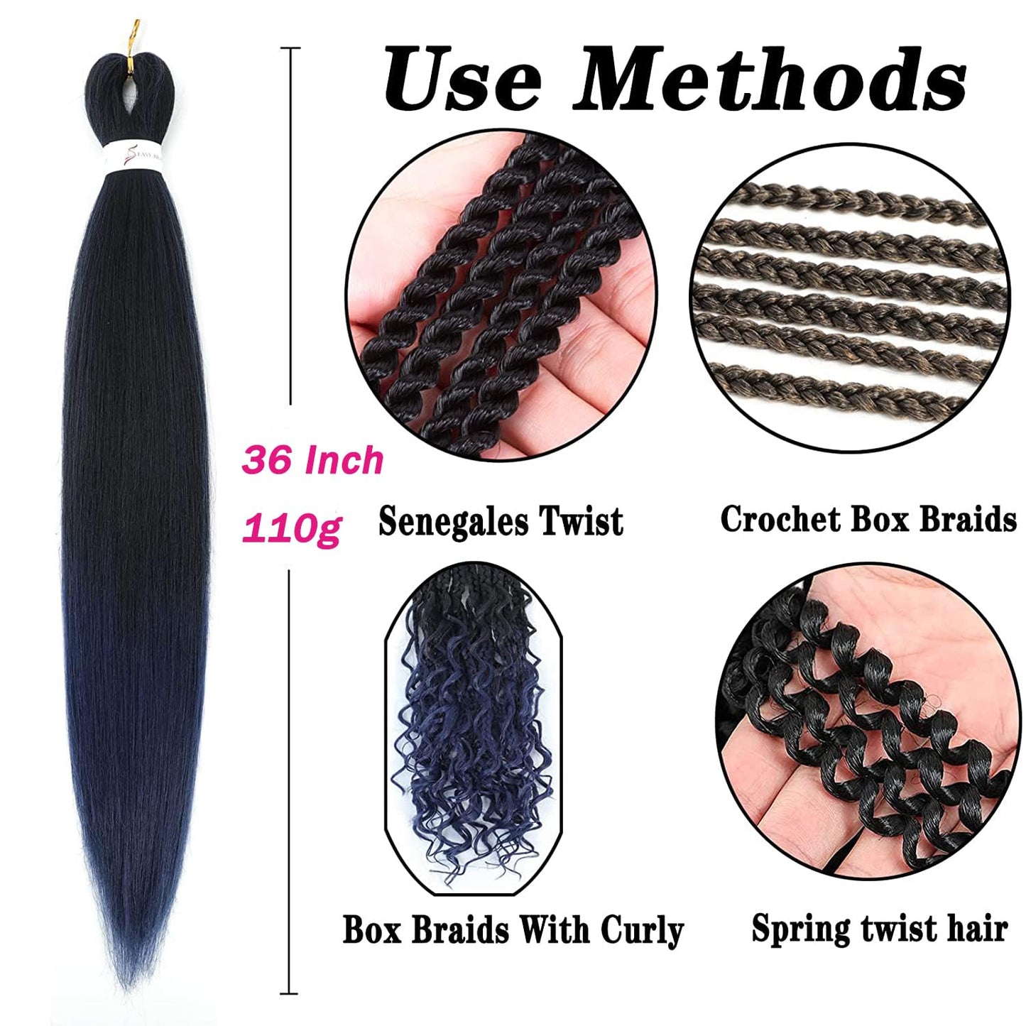 Braiding Hair Pre Stretched - Ombre Pre Stretched Braiding Hair 36 Inch Braiding Hair Soft Yaki Texture 8 Packs Crochet Hair Extensions Braids for Black Women (36 Inch(8Packs), Black/Dark Blue)