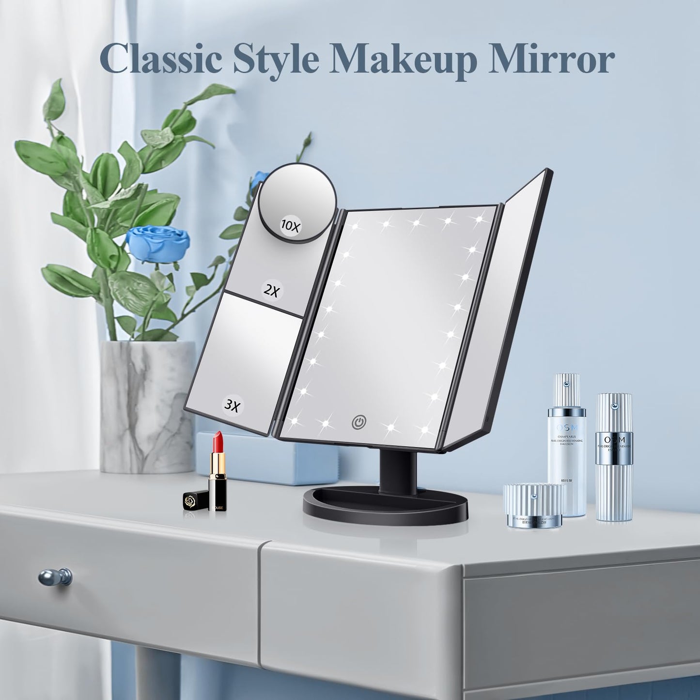 HUONUL Makeup Mirror Vanity with Lights, 2X 3X 10X Magnification, Lighted Mirror, Touch Control, Trifold Dual Power Supply, Portable LED Women Gift (Blue)