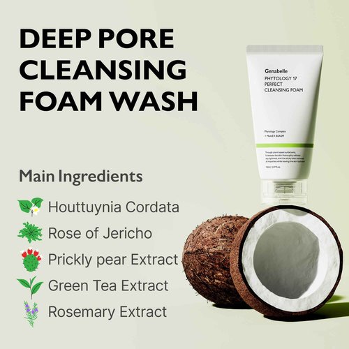 Genabelle Phytology 17 Perfect Cleansing Foam – Skin-Soothing Gentle Coconut-Derived Cleanser, Luxurious Rich Foam for Deep Pore Cleansing & Soothing Sensitive Skin
