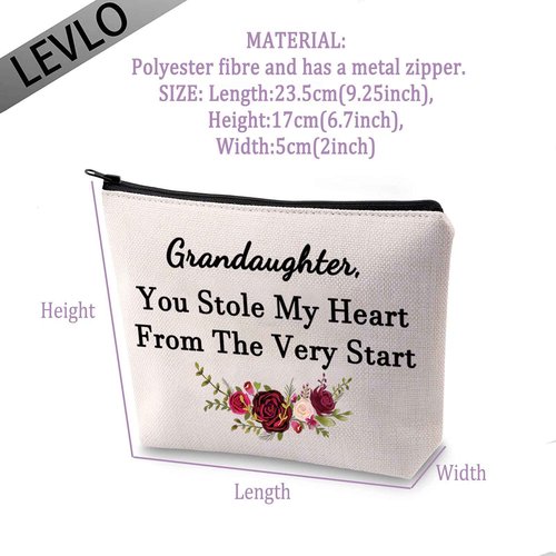 LEVLO Funny Granddaughter Gifts Grandaughter You Stole My Heart From The Very Start Makeup Bags Granddaughter Birthday Gifts (Grandaughter You Stole My Heart)
