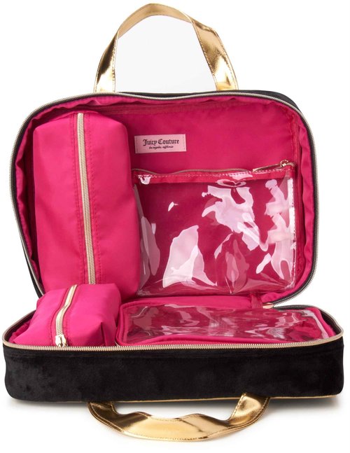 Juicy Couture Black Makeup Bag Cosmetics Organizer Travel Essentials Weekender Velour Rhinestone Gold Trim