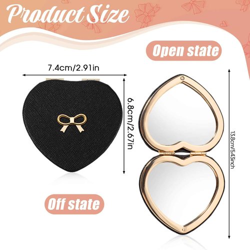 Apausvcm Pocket Mirror, Cute Heart Shaped Compact Mirror PU Leather Portable Mini Makeup Mirrors for Women Double-Sided 1X/2X Magnifying Folding Travel Mirrors for Home Office Travel