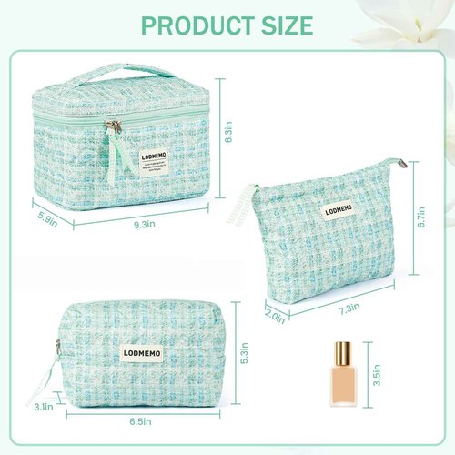 Lodmemo Makeup Bag 3 PCS Quilted Cosmetic Bags for Women, Large Travel Make up Bag Set Cute Cotton Toiletry Bag Organizer Pouch for Purse, Green