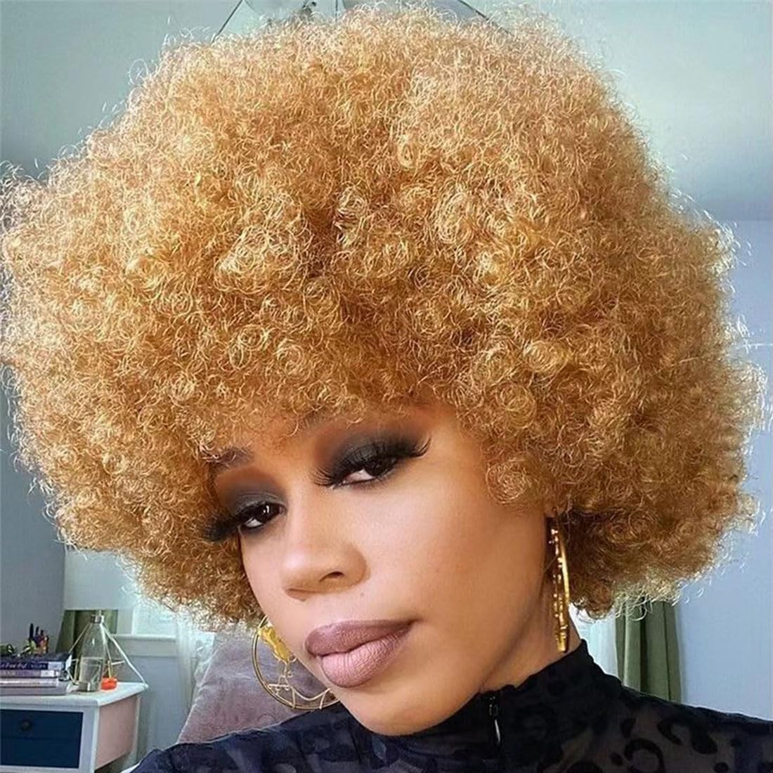 Afro Wig 70S Curly Afro Wigs For Black Women Short Afro Kinky Curly Wig With Bangs For Women Disco Wig Puffy Bouncy Synthetic Wigs For Daily Party Halloween Costume Use (Blonde)